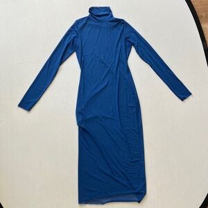 Sleek Long Sleeve Shirt mesh Turtleneck Maxi Dress in Royal Blue